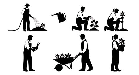 Black Solid Gardener Using Hose Silhouettes Set of Six on White Background isolated on plain white background.のイラスト素材