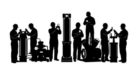 Black Solid Agricultural Engineer Pneumatic Check Silhouettes Set of Six on White Background isolated on plain white background.のイラスト素材