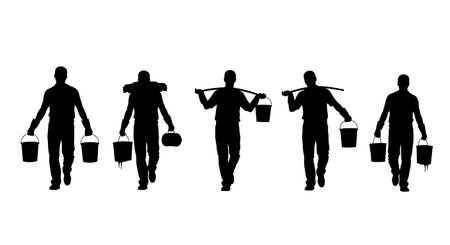 Black Solid Designer Carrying Bucket Silhouettes Set of Six on White Background isolated on plain white background.のイラスト素材