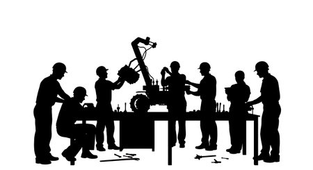 Black Solid Agricultural Engineer Robot Assembly Silhouettes Set of Six on White Background isolated on plain white background.のイラスト素材