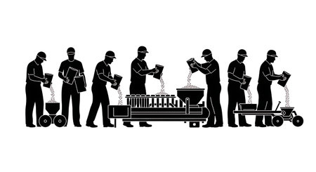 Black Solid Agricultural Engineer Seed Pour Silhouettes Set of Six on White Background isolated on plain white background.のイラスト素材