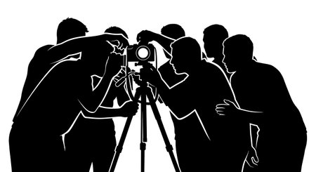 Black Solid Designer Camera Tripod Silhouettes Set of Six on White Background isolated on plain...