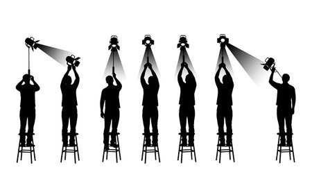 Black Solid Designer Adjusting Lights Silhouettes Set of Six on White Background isolated on plain white background.のイラスト素材