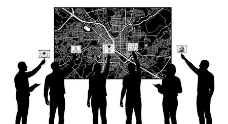 Black Solid Designer Pointing Map Silhouettes Set of Six on White Background isolated on plain white...
