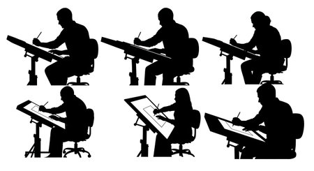 Black Solid Designer Sketching at Desk Silhouettes Set of Six on White Background isolated on plain white background.のイラスト素材