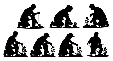 Black Solid Horticulturist Knee Pads Silhouettes Set of Six on White Background isolated on plain white background.のイラスト素材