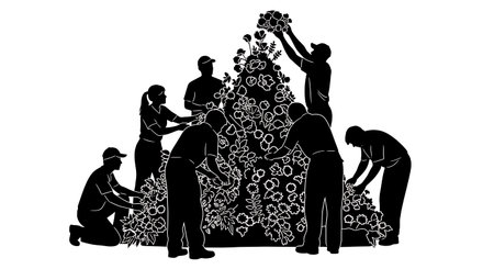 Black Solid Horticulturist Floral Display Silhouettes Set of Six on White Background isolated on...