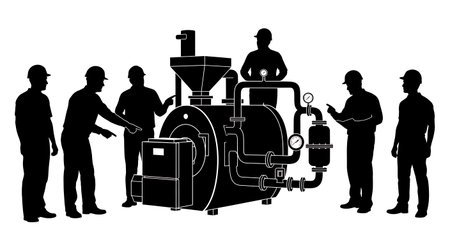 Black Solid Agricultural Engineer Biomass Boiler Silhouettes Set of Six on White Background isolated on plain white background.のイラスト素材