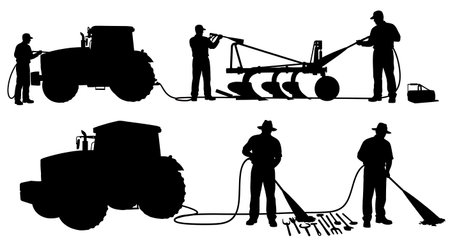 Black Solid Farmer Hosing Equipment Silhouettes Set of Six on White Background isolated on plain white background.のイラスト素材