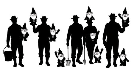 Black Solid Gardener Holding Gnome Silhouettes Set of Six on White Background isolated on plain white background.のイラスト素材