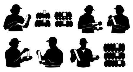 Black Solid Worker Labeling Eggs Silhouettes Set of Six isolated on plain white background.のイラスト素材