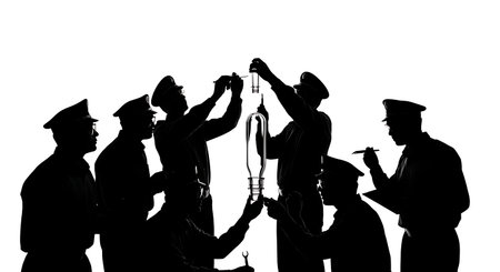Black Solid Plastic Inspector Silhouettes Set of Six isolated on plain white background.
