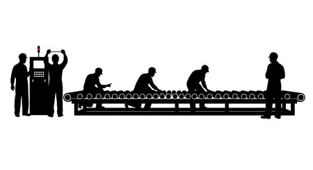 Black Solid Worker Conveyor Belt Silhouettes Set of Six isolated on plain white background.