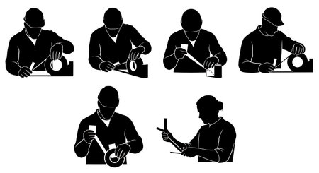 Black Solid Worker Peeling Tape Silhouettes Set of Six isolated on plain white background.のイラスト素材