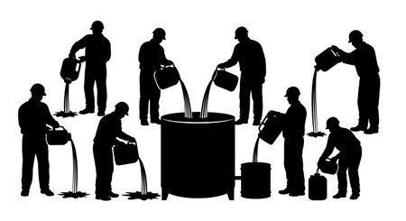 Black Solid Worker Pouring Liquid Silhouettes Set of Six isolated on plain white background.のイラスト素材