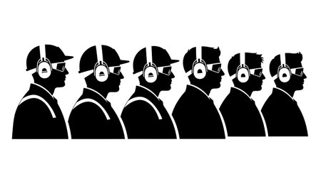 Black Solid Worker PPE Profile Silhouettes Set of Six isolated on plain white background.のイラスト素材