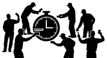 Black Solid Worker Time Card Silhouettes Set of Six isolated on plain white background.