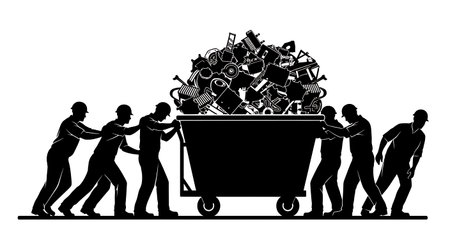 Black Solid Worker Scrap Cart Silhouettes Set of Six isolated on plain white background.のイラスト素材