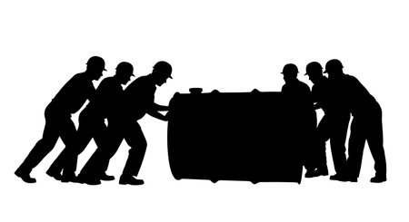 Black Solid Worker Rolling Barrel Silhouettes Set of Six isolated on plain white background.のイラスト素材