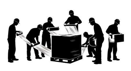 Black Solid Worker Wrapping Pallet Silhouettes Set of Six isolated on plain white background.のイラスト素材