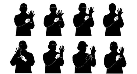 Black Solid Worker Putting Glove Silhouettes Set of Six isolated on plain white background.のイラスト素材