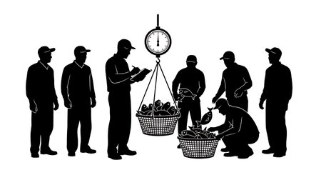 Black Solid Worker Pushing Cart Silhouettes Set of Six isolated on plain white background.のイラスト素材