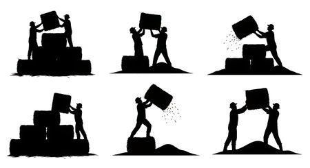 Black Solid Worker Stacking Hay Silhouettes Set of Six isolated on plain white background.のイラスト素材