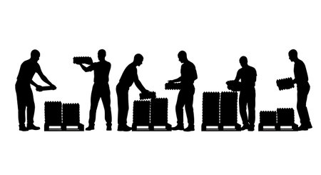 Black Solid Worker Stacking Egg Crates Silhouettes Set of Six isolated on plain white background.のイラスト素材