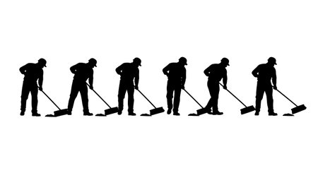 Black Solid Worker Pushing Broom Silhouettes Set of Six isolated on plain white background.のイラスト素材