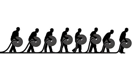 Black Solid Worker Rolling Hose Silhouettes Set of Six isolated on plain white background.のイラスト素材