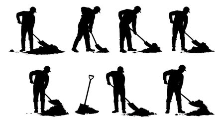 Black Solid Worker Shoveling Manure Silhouettes Set of Six isolated on plain white background.のイラスト素材
