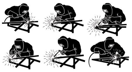 Black Solid Worker Spot Welding Silhouettes Set of Six isolated on plain white background.のイラスト素材
