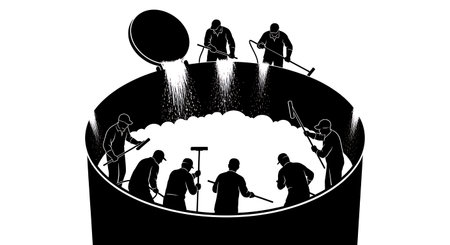 Black Solid Worker Scrubbing Tank Silhouettes Set of Six isolated on plain white background.のイラスト素材