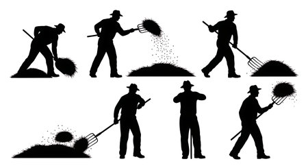 Black Solid Worker Spreading Straw Silhouettes Set of Six isolated on plain white background.のイラスト素材