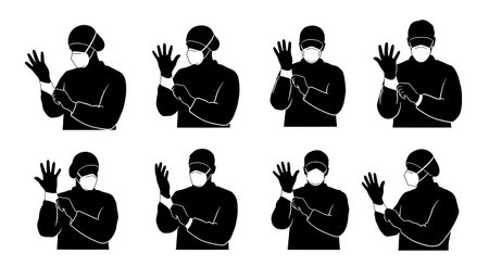 Black Solid Worker Putting Glove Silhouettes Set of Six isolated on plain white background.のイラスト素材