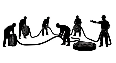 Black Solid Worker Rolling Hose Silhouettes Set of Six isolated on plain white background.のイラスト素材