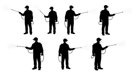 Black Solid Worker Spraying Walls Silhouettes Set of Six isolated on plain white background.のイラスト素材