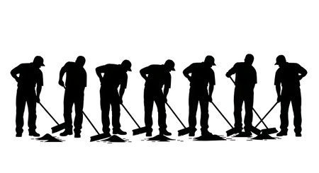 Black Solid Worker Sweeping Alley Silhouettes Set of Six isolated on plain white background.のイラスト素材