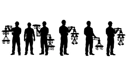 Black Solid Worker Egg Lifter Silhouettes Set of Six isolated on plain white background.のイラスト素材