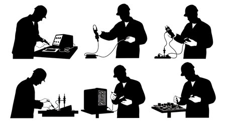 Black Solid Worker Testing Appliance Silhouettes Set of Six isolated on plain white background.のイラスト素材
