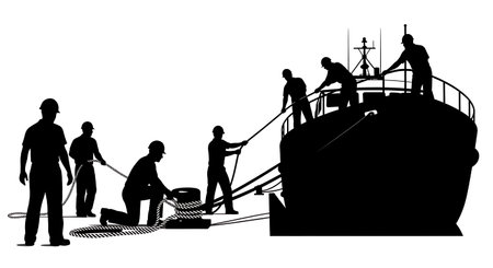 Black Solid Worker Tying Boat Silhouettes Set of Six isolated on plain white background.のイラスト素材