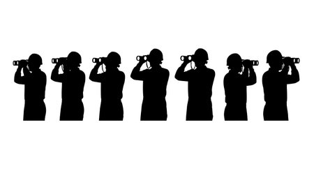 Black Solid Worker Using Binoculars Silhouettes Set of Six isolated on plain white background.のイラスト素材