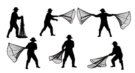 Black Solid Worker Cast Net Silhouettes Set of Six isolated on plain white background.のイラスト素材