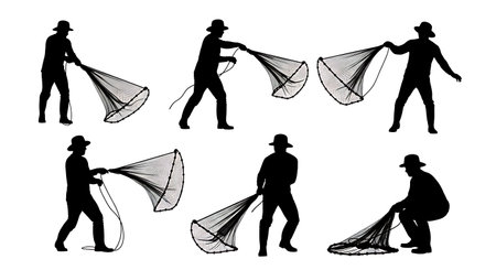 Black Solid Worker Cast Net Silhouettes Set of Six isolated on plain white background.のイラスト素材