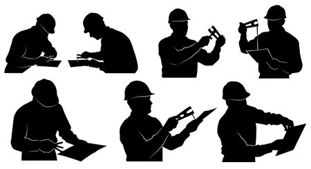 Black Solid Worker Staple Puller Silhouettes Set of Six isolated on plain white background.のイラスト素材