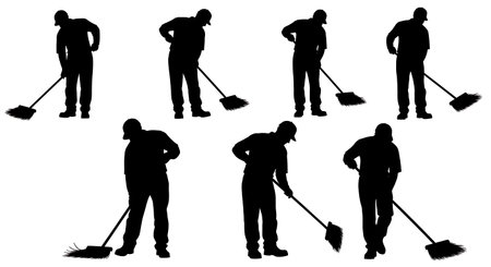 Black Solid Worker Sweeping Alley Silhouettes Set of Six isolated on plain white background.のイラスト素材