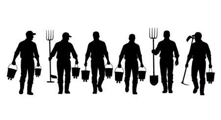 Black Solid Worker Supervising Pose Silhouettes Set of Six isolated on plain white background.のイラスト素材