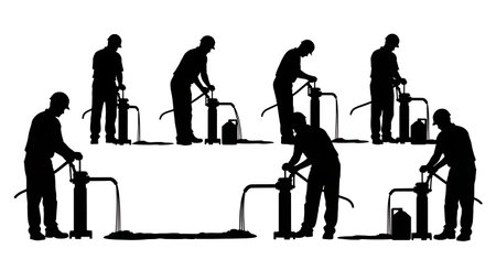 Black Solid Worker Hand Pump Silhouettes Set of Six isolated on plain white background.のイラスト素材