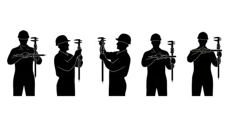 Black Solid Worker Using Caliper Silhouettes Set of Six isolated on plain white background.のイラスト素材