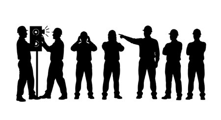 Black Solid Worker Testing Alarm Silhouettes Set of Six isolated on plain white background.のイラスト素材